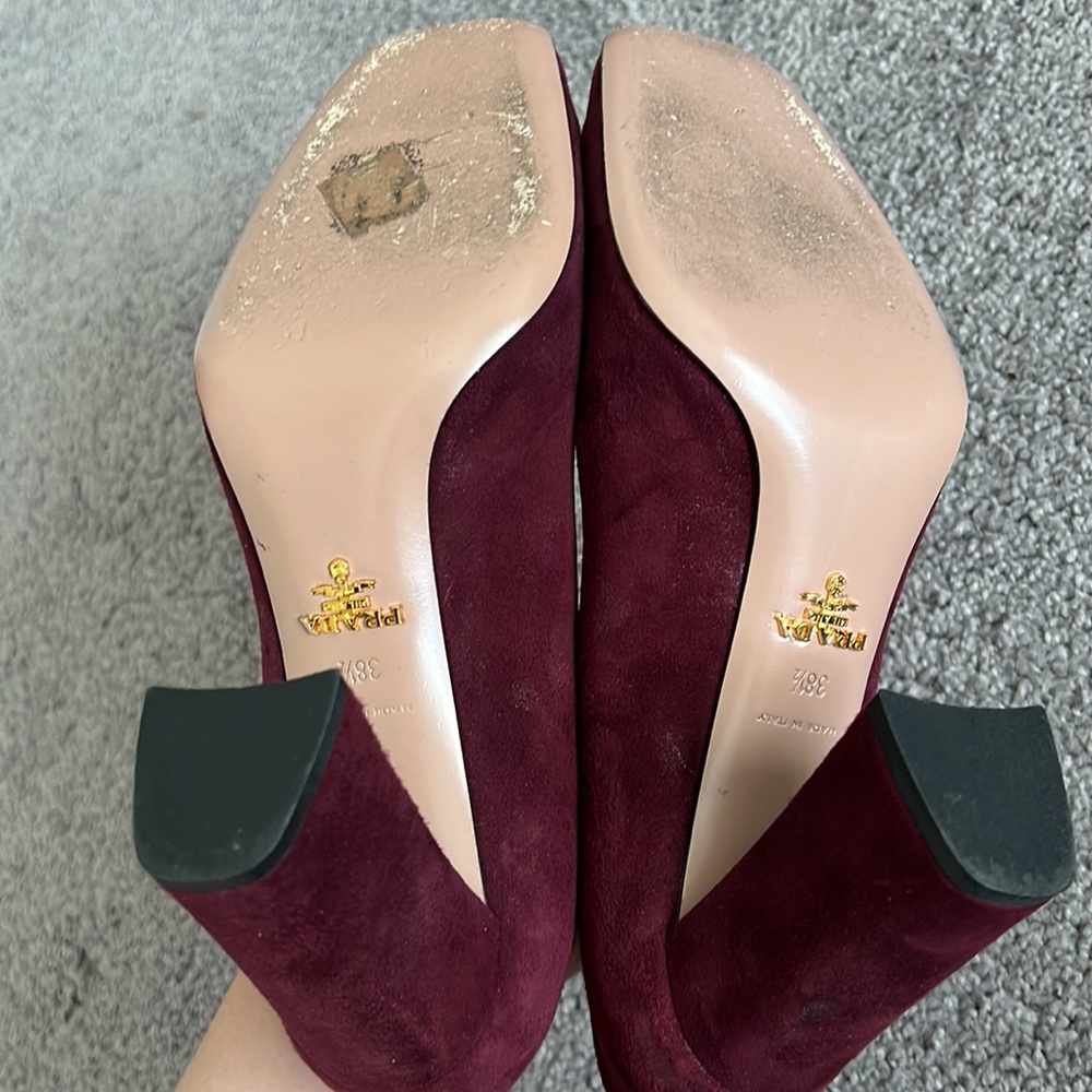 Prada Burgundy Suede Gold Button Heels - Picture 6 of 10